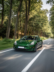 Fototapeta premium Green Car Driving on a Forest Road