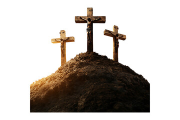 Three crosses being crucified on a hill isolated on transparent background

