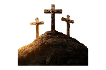 Three crosses being crucified on a hill isolated on transparent background

