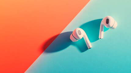 White Earbuds on Dual Tone Background: A pair of sleek white earbuds rests on a vibrant dual-tone background of coral and teal, casting a subtle shadow.