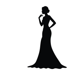 Elegant lady silhouette. A woman in a flowing gown posing gracefully, exuding charm and sophistication. Vector clipart black illustration design.