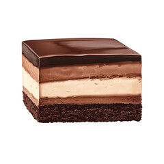 A thick slice of chocolate mousse cake with rich chocolate layers, creamy mousse filling, and a smooth chocolate ganache topping