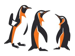 Obraz premium flat vector penguin icons in sitting, sliding, and waving poses, clean outlines with black white and orange color palette, modern animal clipart, isolated on white background