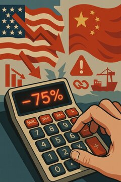 Illustration depicting economic crisis with flags, decline symbols, and a calculator showing -75%.