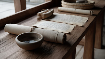 A tranquil study with handmade scrolls and a bowl of water