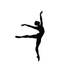 Male ballet dancer silhouette. A male dancer in an elegant pose with arms raised and one leg extended, showcasing flexibility and motion. Vector clipart black illustration design.