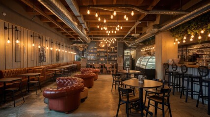 Intimate atmosphere interior design of a modern restaurant with comfortable seating