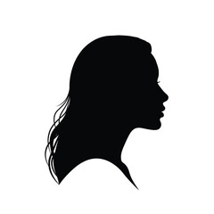 Profile woman silhouette. This image shows a black silhouette of a woman's profile with long wavy hair. Vector clipart black illustration design.