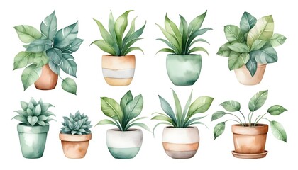 Fototapeta premium Watercolor Collection of Houseplants in Pots
