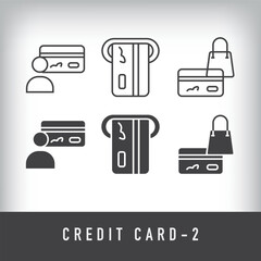 Personal card, atm and shopping card design. Simple linear and flat credit card icon set.