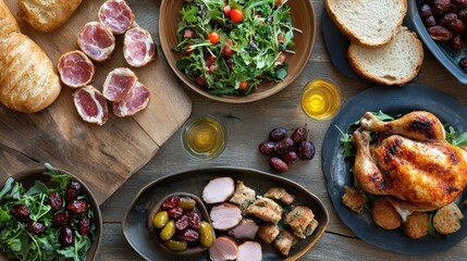 A vibrant spread of a delicious meal featuring a roasted chicken, sliced ham, fresh salads, and various sides. The scene is inviting and showcases culinary delight.