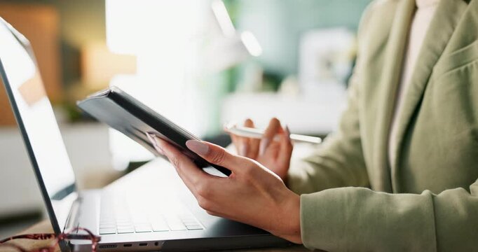 Woman, consultant and laptop with typing on tablet at office for communication, connection and digital for networking. Female person, tech and research for business, company or workplace as paralegal
