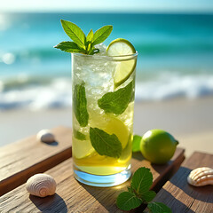 Top-down view of a mojito cocktail glass with crushed ice, mint leaves, and lime wedges on a wooden table near the beach, surrounded by seashells 