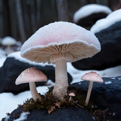 Snow-Covered Pink Mushrooms in Winter Forest