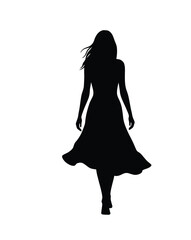 woman walking away silhouette. A woman with flowing hair and a long dress is depicted gracefully walking away. Vector clipart black illustration design.