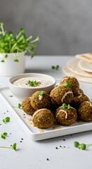 Delicious Falafel Plate with Tahini Sauce and Microgreens Ready to Eat