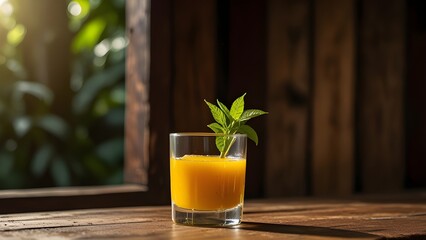  A refreshing glass of mango juice, garnished with a slice of fresh mango and a sprig of mint, sits on a rustic wooden table against a warm, sunny backdrop, with a few subtle water droplets on the gla