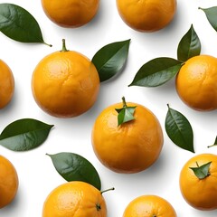 Flat lay of fresh oranges with green leaves