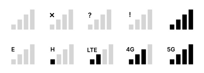 mobile signal level. Signal level icon set. Mobile signal level connection icons. Signal strength indicator with symbols. Network level symbol collection set. Network signal strength levels. Wireless 
