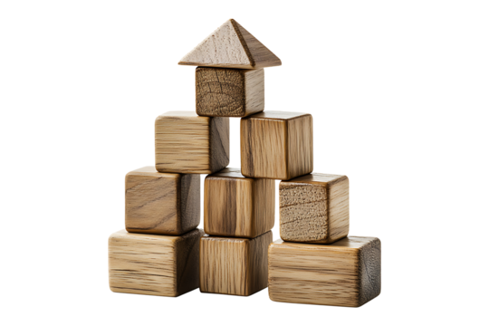 Tower build of wooden blocks isolated on transparent background