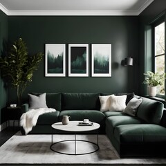 Emerald Green Living Room Interior with Sectional Sofa and Forest Artwork