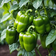Fresh Green Bell Peppers Growing on the Vine