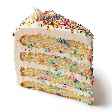 A thick slice of funfetti cake with colorful confetti sprinkles baked into soft vanilla sponge, smooth buttercream frosting, and a slightly domed top