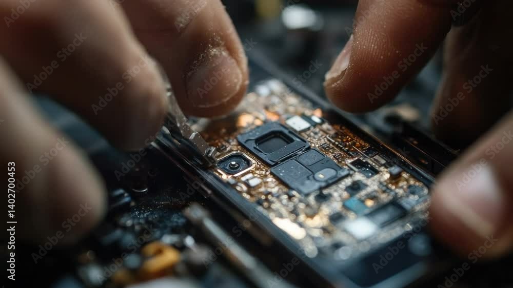 Poster close-up of technician repairing microchip circuit on printed circuit board with precision tools