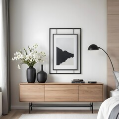 Modern Minimalist Bedroom Interior with Oak Console Table and Black and White Artwork