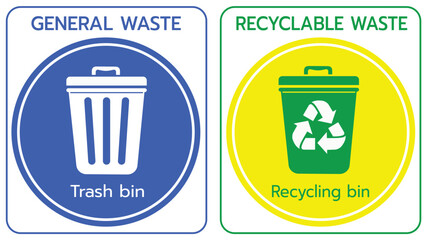 A clear and colorful waste disposal sign showing two types of waste bins: a blue trash bin for general waste and a green recycling bin for recyclable materials. 