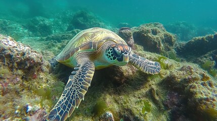 Fototapeta premium Sea turtle resting on reef, ocean background