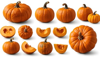 Collection of Pumpkins Whole, Halved, and Sliced