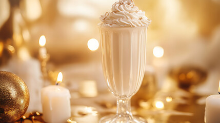 A vanilla milkshake with whipped cream beside candles on a gold plated table