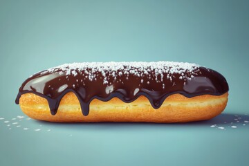 A delicious clair, coated in rich dark chocolate and dusted with powdered sugar.