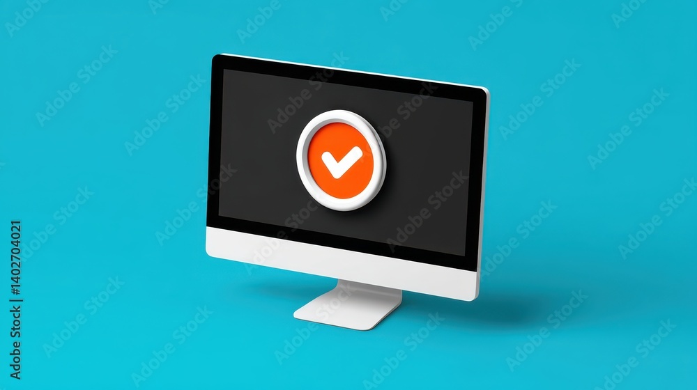 Poster closeup view of computer screen with prominent green checkmark, symbol of success and completion
