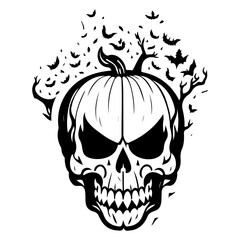Monochrome Halloween Pumpkin Skull Bat Vector Design