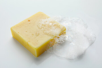 Soap bar with foam on white background, closeup