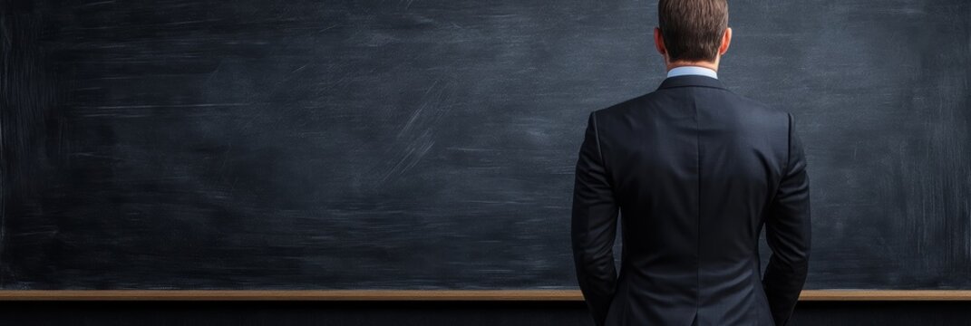 Businessman in suit facing blackboard with copy space modern background for business strategy planning or decision making concepts