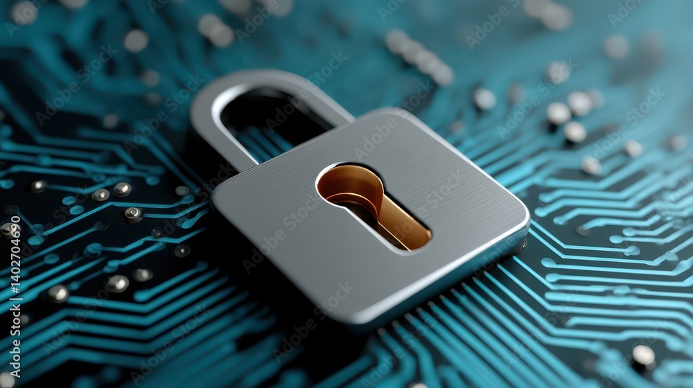 Poster digital fortress, padlock securing circuit board symbolizing data protection and cybersecurity