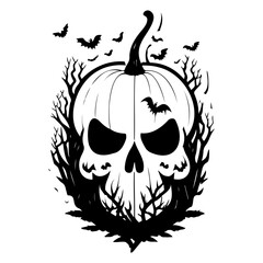 Spooky Pumpkin Skull with Bats and Twisted Trees