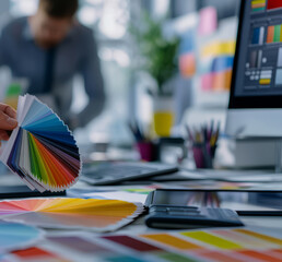 Close-up of a graphic designer's hand pointing at color swatches while working with the team in the office. 