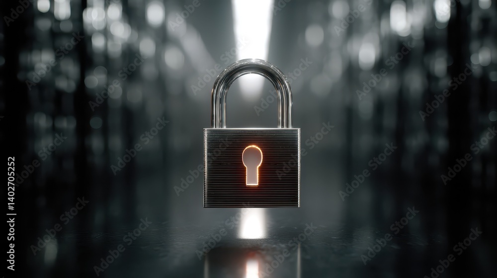 Poster unlocking possibilities, a glowing key and padlock symbolize security access in the digital age