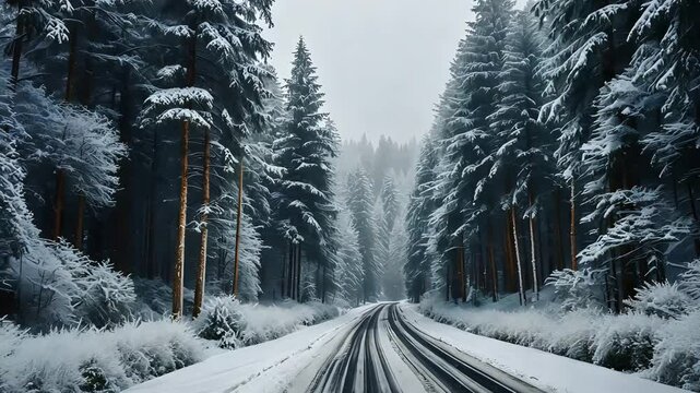 Snow-covered road winding through dense pine forest in winter with tall frosted trees, overcast sky, and fresh tire tracks in the snow

