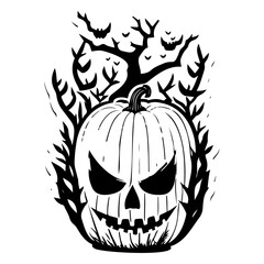 Halloween Pumpkin Graphic with Bats and Bare Tree