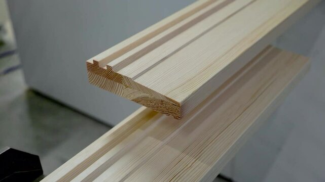 Close-up of a machined wood profile with interlocking grooves and beveled edges, showcasing detailed craftsmanship for joinery or architectural trim applications