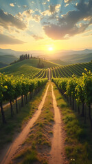 Naklejka premium Tuscan Vineyard Tranquility: A Journey Through Rolling Hills, Sunlit Vineyards, and Timeless Italian Charm