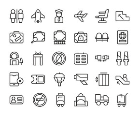 Airport Line Icons – Black Monochrome Travel and Flight Vector Pack