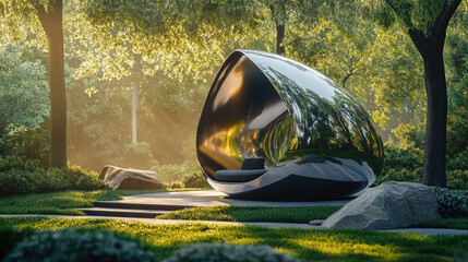g. Sleek meditation pod offering biometric feedback, surrounded by green space, gentle sunlight creating tranquil vibes 