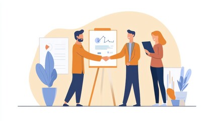 Business People Shaking Hands at Meeting with Graph Chart and Plants in Modern Workspace