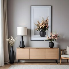 Modern Living Room Interior with Oak Sideboard, Black Vases, and Floral Arrangements